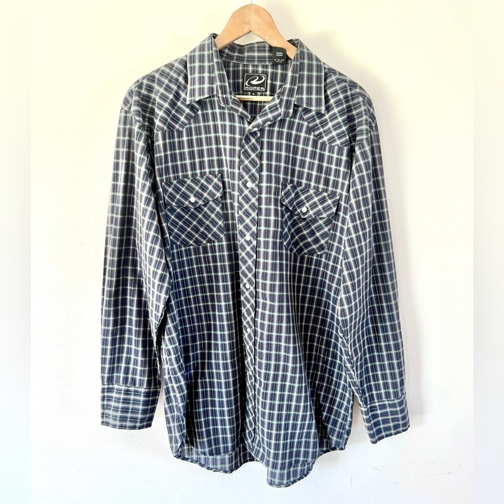 Roper Blue & Silver‎ Metallic Plaid Collared Pearl Snap Western Shirt Size XL